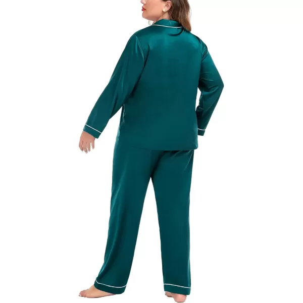 SWOMOG Plus Size Pajama Set for Women Silk Satin Pajamas Long Sleeve Sleepwear Button Down PJs Soft Pj Set with Chest PocketGreen