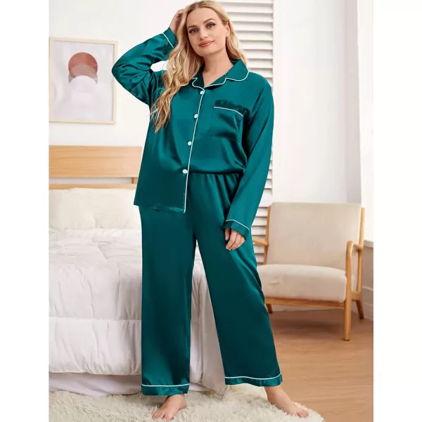 SWOMOG Plus Size Pajama Set for Women Silk Satin Pajamas Long Sleeve Sleepwear Button Down PJs Soft Pj Set with Chest PocketGreen