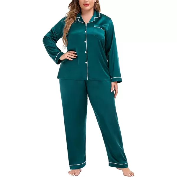 SWOMOG Plus Size Pajama Set for Women Silk Satin Pajamas Long Sleeve Sleepwear Button Down PJs Soft Pj Set with Chest PocketGreen