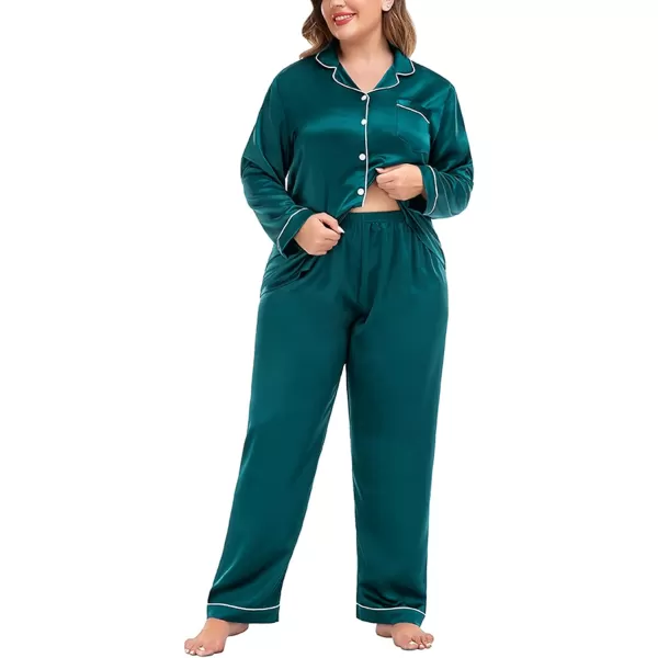 SWOMOG Plus Size Pajama Set for Women Silk Satin Pajamas Long Sleeve Sleepwear Button Down PJs Soft Pj Set with Chest PocketGreen