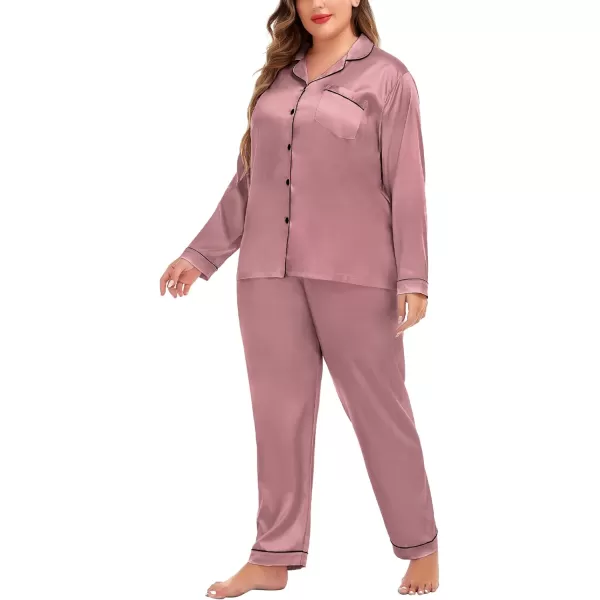 SWOMOG Plus Size Pajama Set for Women Silk Satin Pajamas Long Sleeve Sleepwear Button Down PJs Soft Pj Set with Chest PocketMisty Rose