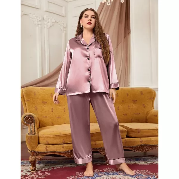 SWOMOG Plus Size Pajama Set for Women Silk Satin Pajamas Long Sleeve Sleepwear Button Down PJs Soft Pj Set with Chest PocketMisty Rose