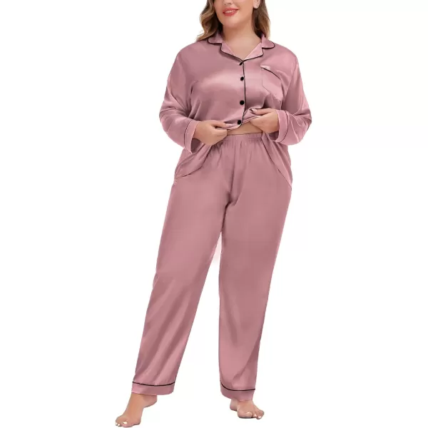 SWOMOG Plus Size Pajama Set for Women Silk Satin Pajamas Long Sleeve Sleepwear Button Down PJs Soft Pj Set with Chest PocketMisty Rose