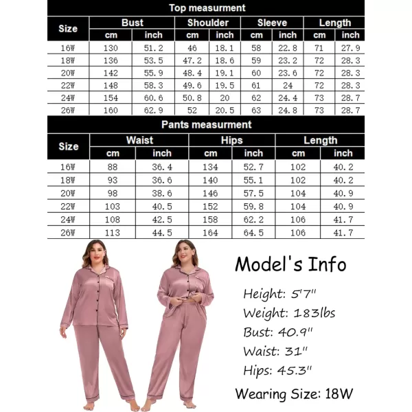 SWOMOG Plus Size Pajama Set for Women Silk Satin Pajamas Long Sleeve Sleepwear Button Down PJs Soft Pj Set with Chest PocketMisty Rose