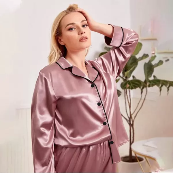 SWOMOG Plus Size Pajama Set for Women Silk Satin Pajamas Long Sleeve Sleepwear Button Down PJs Soft Pj Set with Chest PocketMisty Rose