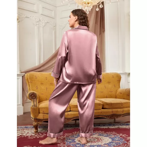 SWOMOG Plus Size Pajama Set for Women Silk Satin Pajamas Long Sleeve Sleepwear Button Down PJs Soft Pj Set with Chest PocketMisty Rose