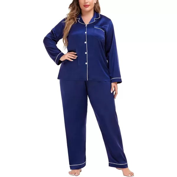 SWOMOG Plus Size Pajama Set for Women Silk Satin Pajamas Long Sleeve Sleepwear Button Down PJs Soft Pj Set with Chest PocketNavy Blue