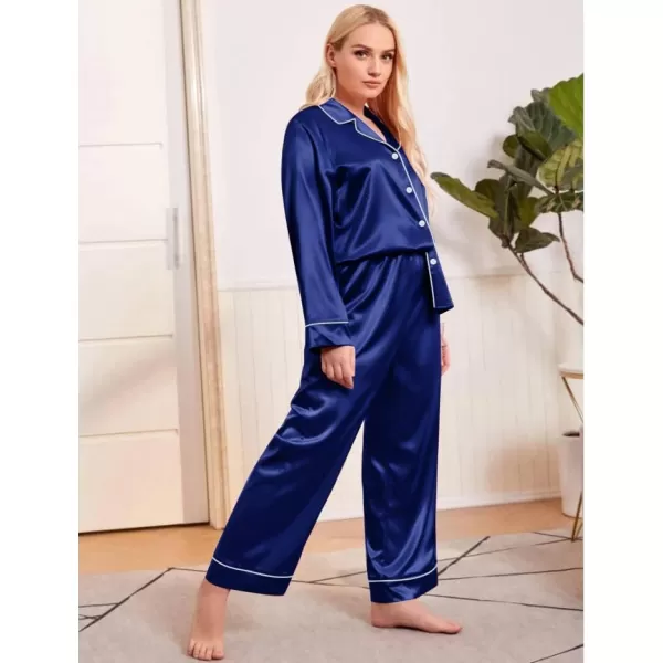 SWOMOG Plus Size Pajama Set for Women Silk Satin Pajamas Long Sleeve Sleepwear Button Down PJs Soft Pj Set with Chest PocketNavy Blue