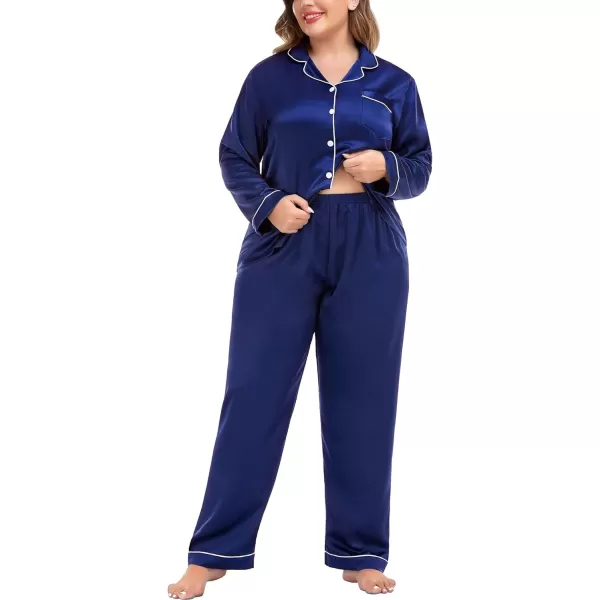 SWOMOG Plus Size Pajama Set for Women Silk Satin Pajamas Long Sleeve Sleepwear Button Down PJs Soft Pj Set with Chest PocketNavy Blue