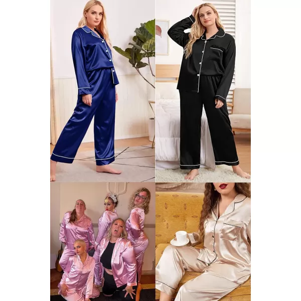 SWOMOG Plus Size Pajama Set for Women Silk Satin Pajamas Long Sleeve Sleepwear Button Down PJs Soft Pj Set with Chest PocketNavy Blue