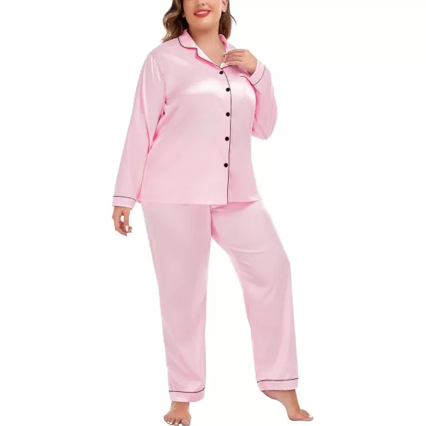 SWOMOG Plus Size Pajama Set for Women Silk Satin Pajamas Long Sleeve Sleepwear Button Down PJs Soft Pj Set with Chest PocketPink