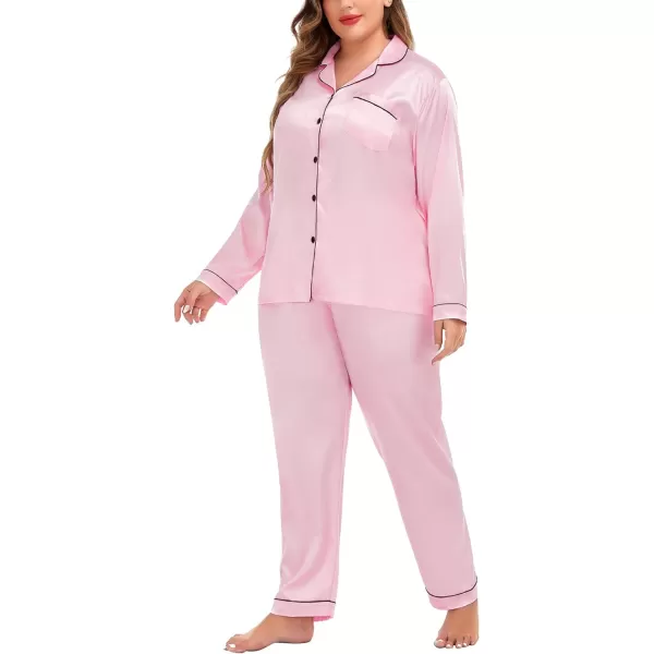 SWOMOG Plus Size Pajama Set for Women Silk Satin Pajamas Long Sleeve Sleepwear Button Down PJs Soft Pj Set with Chest PocketPink