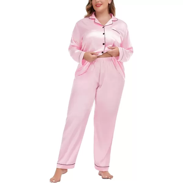 SWOMOG Plus Size Pajama Set for Women Silk Satin Pajamas Long Sleeve Sleepwear Button Down PJs Soft Pj Set with Chest PocketPink