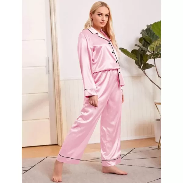 SWOMOG Plus Size Pajama Set for Women Silk Satin Pajamas Long Sleeve Sleepwear Button Down PJs Soft Pj Set with Chest PocketPink