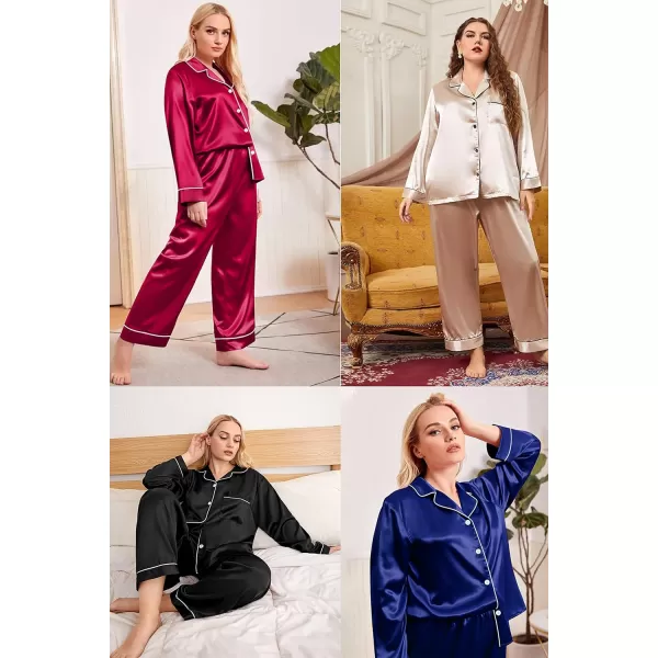 SWOMOG Plus Size Pajama Set for Women Silk Satin Pajamas Long Sleeve Sleepwear Button Down PJs Soft Pj Set with Chest PocketRed