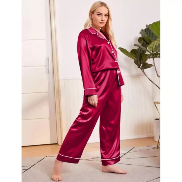 SWOMOG Plus Size Pajama Set for Women Silk Satin Pajamas Long Sleeve Sleepwear Button Down PJs Soft Pj Set with Chest PocketRed