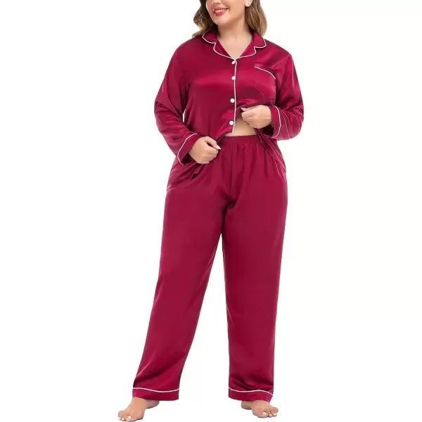 SWOMOG Plus Size Pajama Set for Women Silk Satin Pajamas Long Sleeve Sleepwear Button Down PJs Soft Pj Set with Chest PocketRed