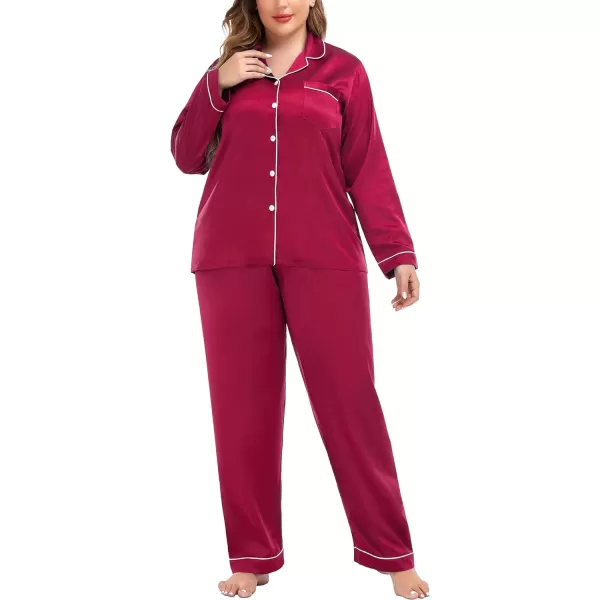 SWOMOG Plus Size Pajama Set for Women Silk Satin Pajamas Long Sleeve Sleepwear Button Down PJs Soft Pj Set with Chest PocketRed
