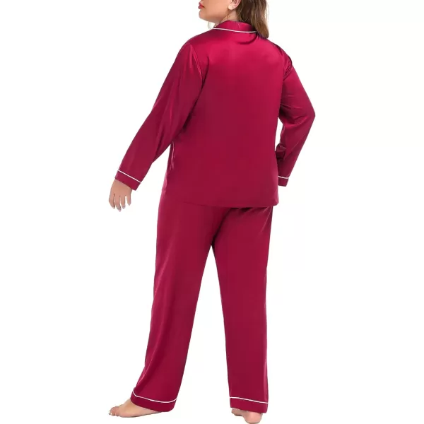 SWOMOG Plus Size Pajama Set for Women Silk Satin Pajamas Long Sleeve Sleepwear Button Down PJs Soft Pj Set with Chest PocketRed