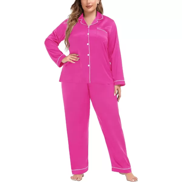 SWOMOG Plus Size Pajama Set for Women Silk Satin Pajamas Long Sleeve Sleepwear Button Down PJs Soft Pj Set with Chest PocketRose Red