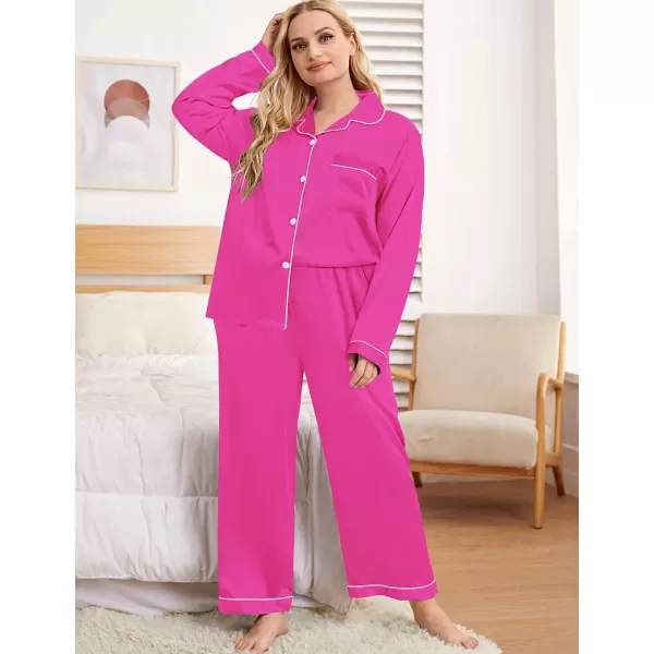 SWOMOG Plus Size Pajama Set for Women Silk Satin Pajamas Long Sleeve Sleepwear Button Down PJs Soft Pj Set with Chest PocketRose Red