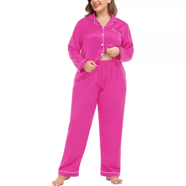 SWOMOG Plus Size Pajama Set for Women Silk Satin Pajamas Long Sleeve Sleepwear Button Down PJs Soft Pj Set with Chest PocketRose Red