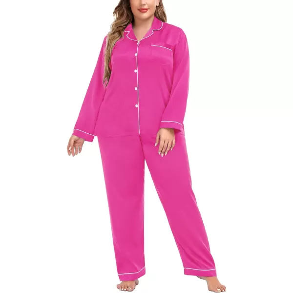 SWOMOG Plus Size Pajama Set for Women Silk Satin Pajamas Long Sleeve Sleepwear Button Down PJs Soft Pj Set with Chest PocketRose Red