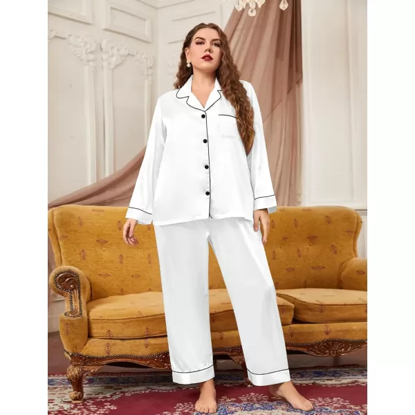 SWOMOG Plus Size Pajama Set for Women Silk Satin Pajamas Long Sleeve Sleepwear Button Down PJs Soft Pj Set with Chest PocketWhite