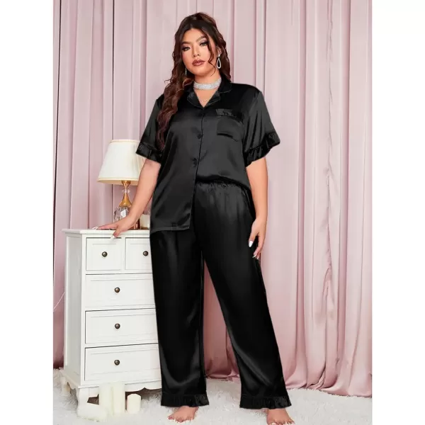 SWOMOG Plus Size Pajamas for Women Satin Silk Short Sleeve Ruffle Hem PJs Button Down Sleepwear with Long Pants 2Pcs PJ SetsBlack