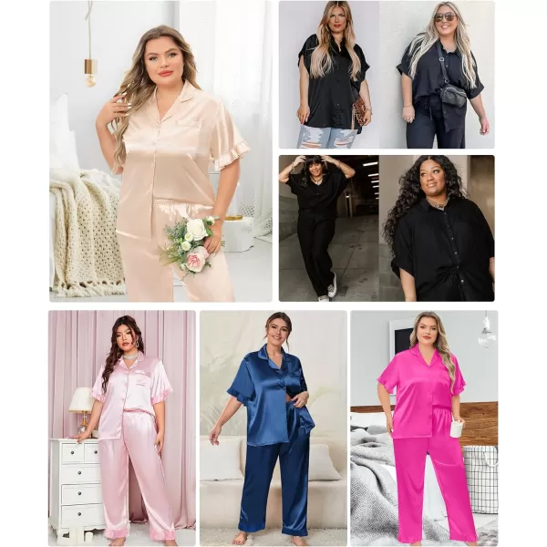 SWOMOG Plus Size Pajamas for Women Satin Silk Short Sleeve Ruffle Hem PJs Button Down Sleepwear with Long Pants 2Pcs PJ SetsBlack