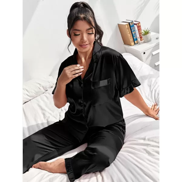 SWOMOG Plus Size Pajamas for Women Satin Silk Short Sleeve Ruffle Hem PJs Button Down Sleepwear with Long Pants 2Pcs PJ SetsBlack