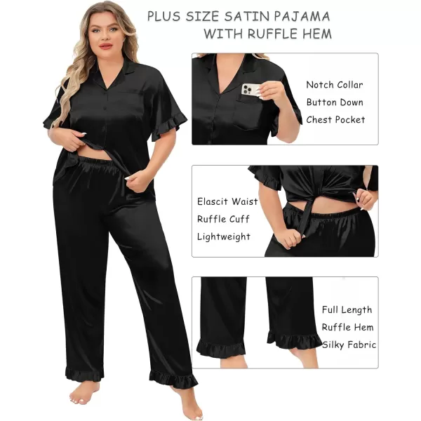 SWOMOG Plus Size Pajamas for Women Satin Silk Short Sleeve Ruffle Hem PJs Button Down Sleepwear with Long Pants 2Pcs PJ SetsBlack