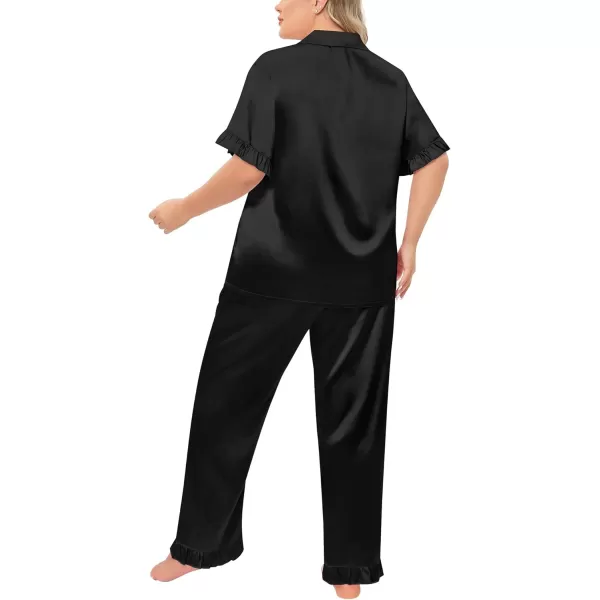 SWOMOG Plus Size Pajamas for Women Satin Silk Short Sleeve Ruffle Hem PJs Button Down Sleepwear with Long Pants 2Pcs PJ SetsBlack