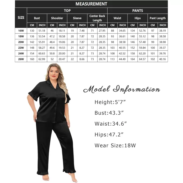 SWOMOG Plus Size Pajamas for Women Satin Silk Short Sleeve Ruffle Hem PJs Button Down Sleepwear with Long Pants 2Pcs PJ SetsBlack