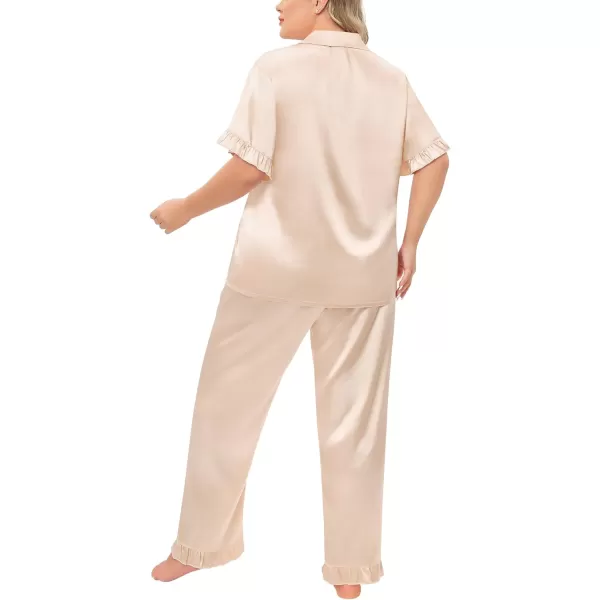 SWOMOG Plus Size Pajamas for Women Satin Silk Short Sleeve Ruffle Hem PJs Button Down Sleepwear with Long Pants 2Pcs PJ SetsChampagne