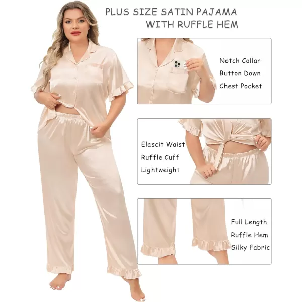 SWOMOG Plus Size Pajamas for Women Satin Silk Short Sleeve Ruffle Hem PJs Button Down Sleepwear with Long Pants 2Pcs PJ SetsChampagne