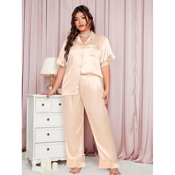 SWOMOG Plus Size Pajamas for Women Satin Silk Short Sleeve Ruffle Hem PJs Button Down Sleepwear with Long Pants 2Pcs PJ SetsChampagne