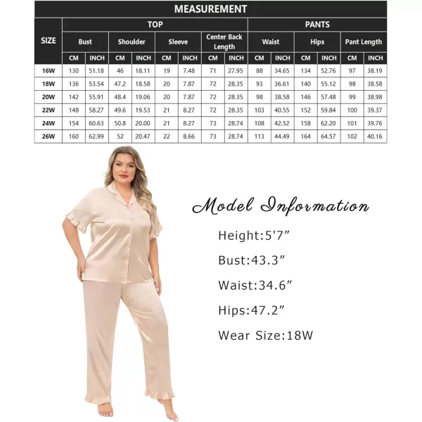 SWOMOG Plus Size Pajamas for Women Satin Silk Short Sleeve Ruffle Hem PJs Button Down Sleepwear with Long Pants 2Pcs PJ SetsChampagne