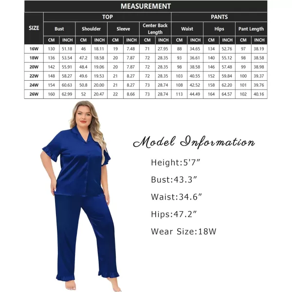 SWOMOG Plus Size Pajamas for Women Satin Silk Short Sleeve Ruffle Hem PJs Button Down Sleepwear with Long Pants 2Pcs PJ SetsNavy Blue