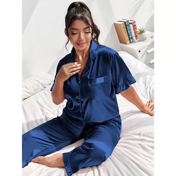 SWOMOG Plus Size Pajamas for Women Satin Silk Short Sleeve Ruffle Hem PJs Button Down Sleepwear with Long Pants 2Pcs PJ SetsNavy Blue