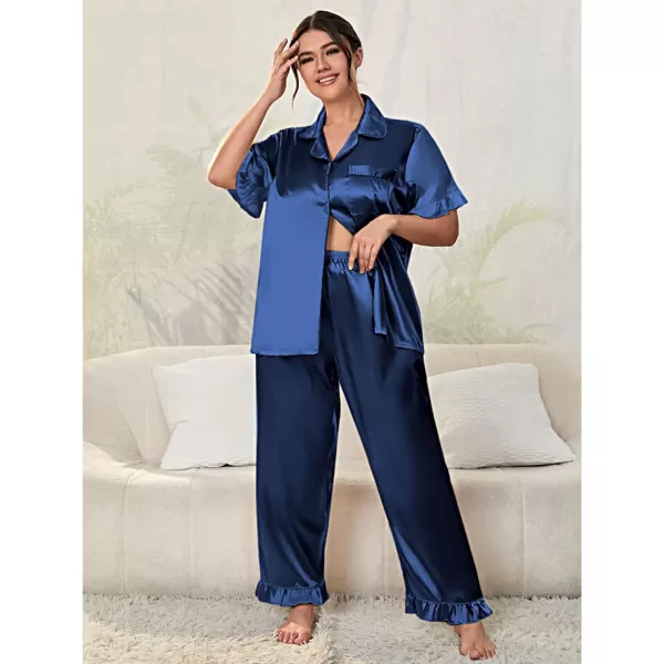 SWOMOG Plus Size Pajamas for Women Satin Silk Short Sleeve Ruffle Hem PJs Button Down Sleepwear with Long Pants 2Pcs PJ SetsNavy Blue