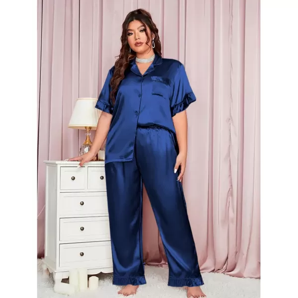 SWOMOG Plus Size Pajamas for Women Satin Silk Short Sleeve Ruffle Hem PJs Button Down Sleepwear with Long Pants 2Pcs PJ SetsNavy Blue