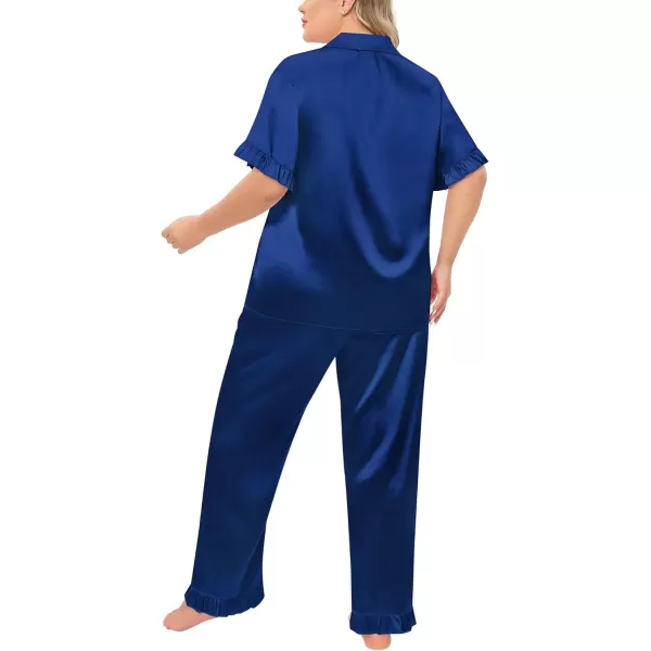 SWOMOG Plus Size Pajamas for Women Satin Silk Short Sleeve Ruffle Hem PJs Button Down Sleepwear with Long Pants 2Pcs PJ SetsNavy Blue