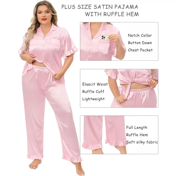 SWOMOG Plus Size Pajamas for Women Satin Silk Short Sleeve Ruffle Hem PJs Button Down Sleepwear with Long Pants 2Pcs PJ SetsPink