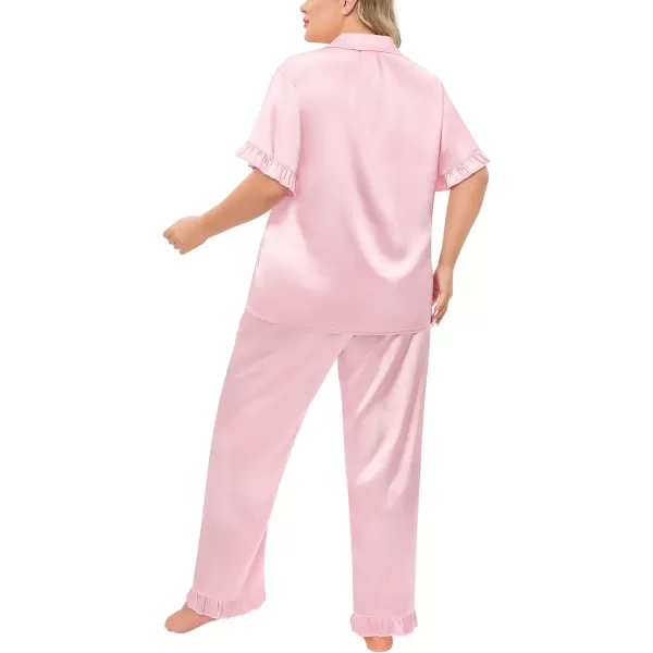 SWOMOG Plus Size Pajamas for Women Satin Silk Short Sleeve Ruffle Hem PJs Button Down Sleepwear with Long Pants 2Pcs PJ SetsPink