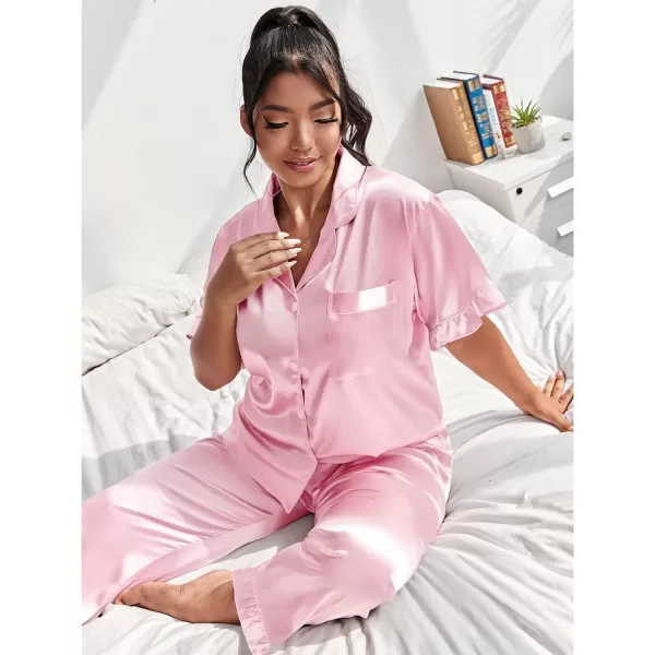 SWOMOG Plus Size Pajamas for Women Satin Silk Short Sleeve Ruffle Hem PJs Button Down Sleepwear with Long Pants 2Pcs PJ SetsPink