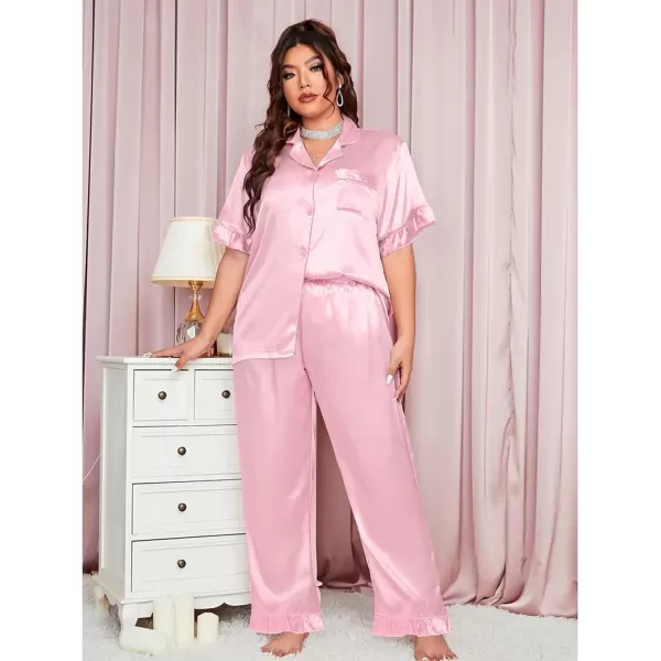 SWOMOG Plus Size Pajamas for Women Satin Silk Short Sleeve Ruffle Hem PJs Button Down Sleepwear with Long Pants 2Pcs PJ SetsPink