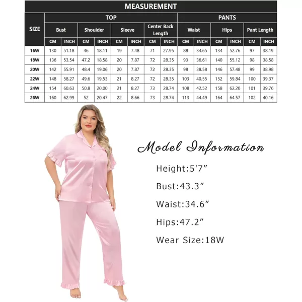 SWOMOG Plus Size Pajamas for Women Satin Silk Short Sleeve Ruffle Hem PJs Button Down Sleepwear with Long Pants 2Pcs PJ SetsPink