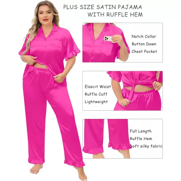 SWOMOG Plus Size Pajamas for Women Satin Silk Short Sleeve Ruffle Hem PJs Button Down Sleepwear with Long Pants 2Pcs PJ SetsRose Red