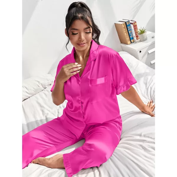 SWOMOG Plus Size Pajamas for Women Satin Silk Short Sleeve Ruffle Hem PJs Button Down Sleepwear with Long Pants 2Pcs PJ SetsRose Red